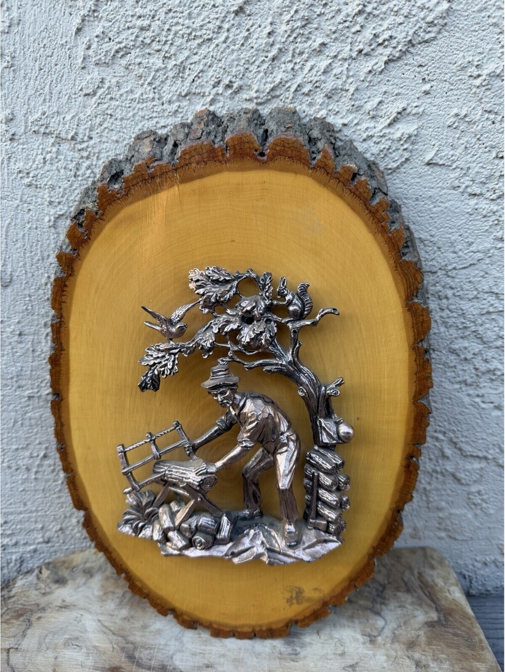 Vintage German 3D Metal Woodcutter Plaque Tree Slice Folk Art Personal Note